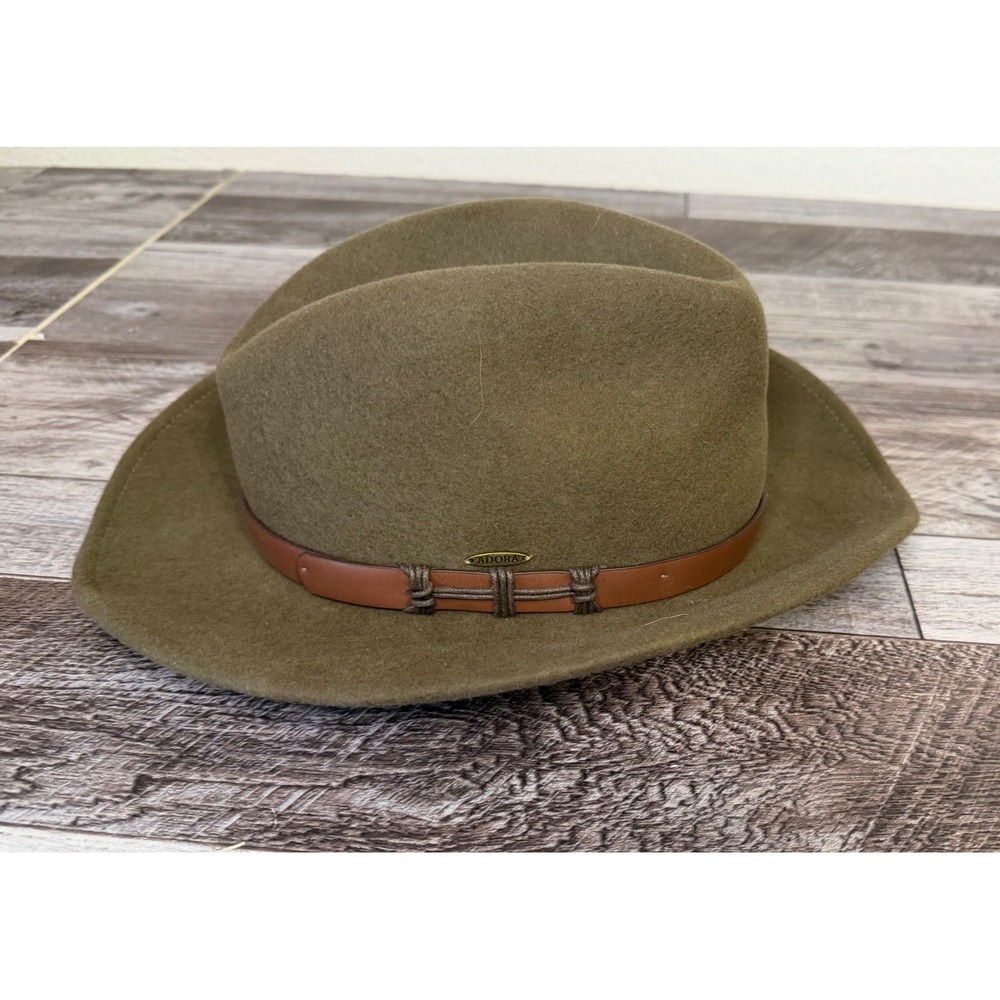 Adora‎ Olive Brown Wool Fedora Hat Leather Band Western Style One Size